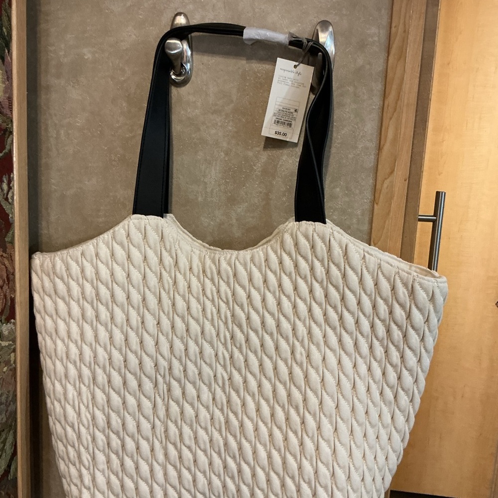 a new day Cream Quilted Tote with Black Handles